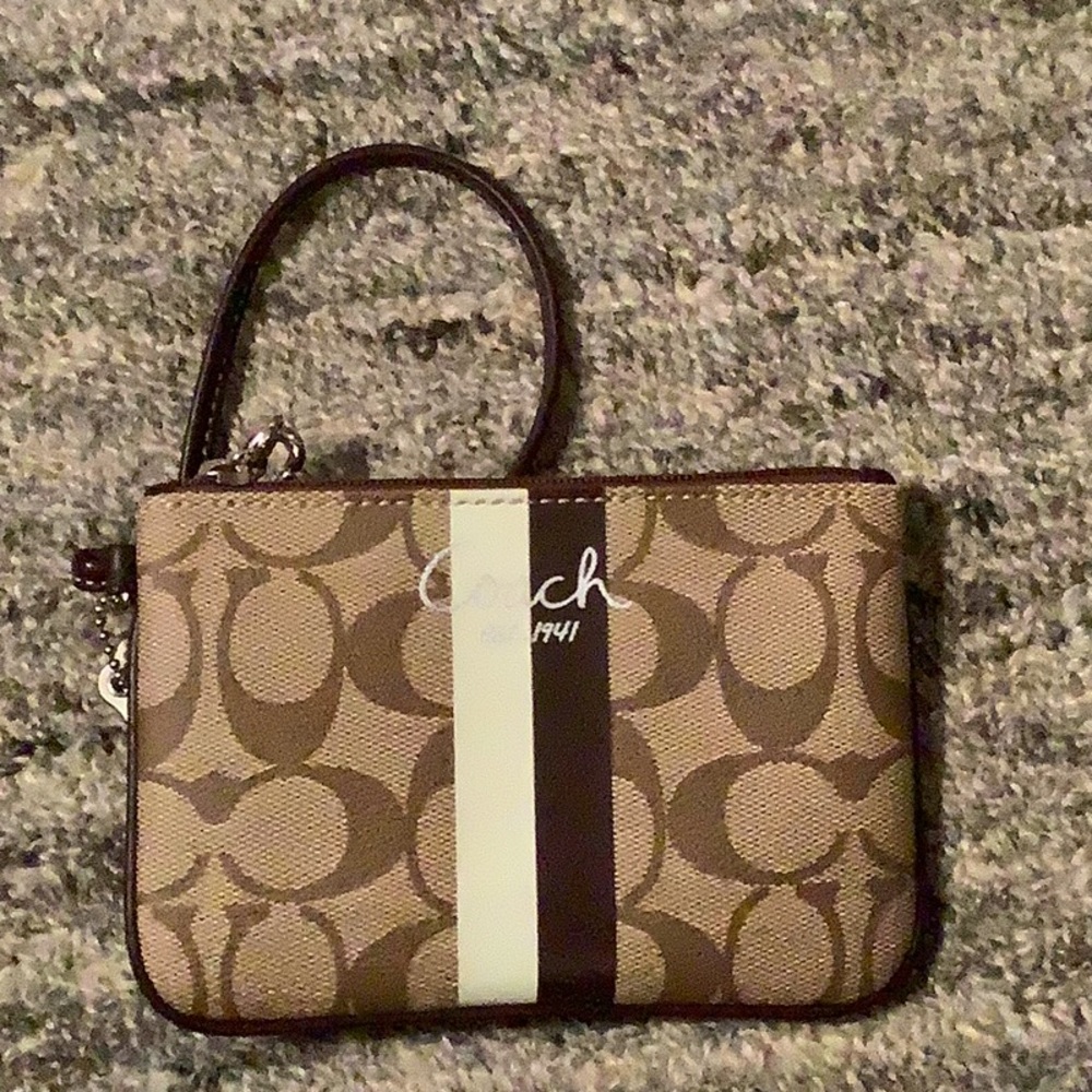 Coach brown stripe heritage wristlet